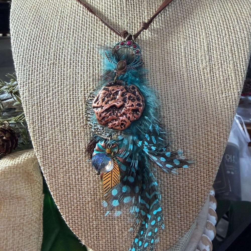Bohemian Feather Handmade Pendant Leather Necklace 16” Long